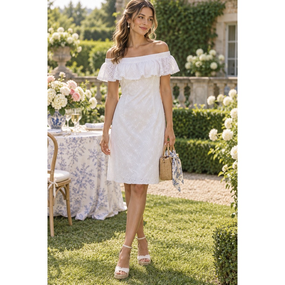 Calvin Klein White Cotton Eyelet Off the Shoulder Ruffle Dress CD7G154H Size 6